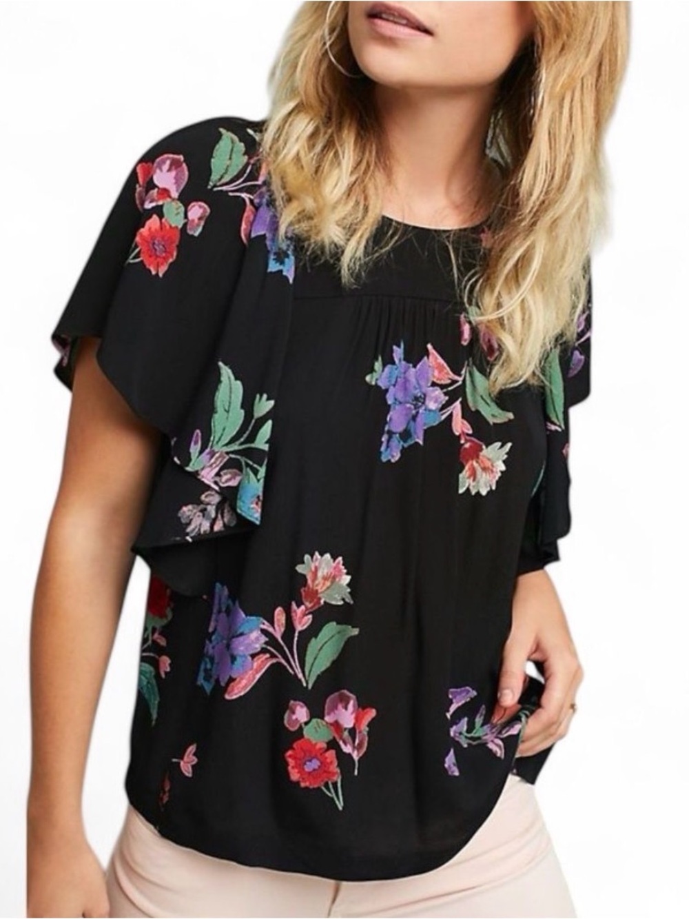 4/$20 Anthropologie Maeve Prato Flutter Sleeve Floral Blouse Black Small